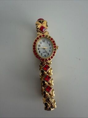 Gold-Tone Red Crystal Women's Bracelet Watch - Unbranded